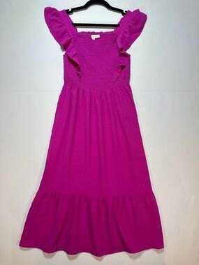 Monteau Smocked Midi Dress Fuchsia Ruffle Strap Tiered Summer Size M